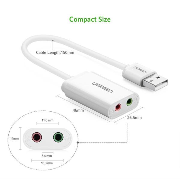 Cáp chuyển USB ra Sound UGREEN 30143 (jack 3.5mm Headphone và Microphone) Chính Hãng