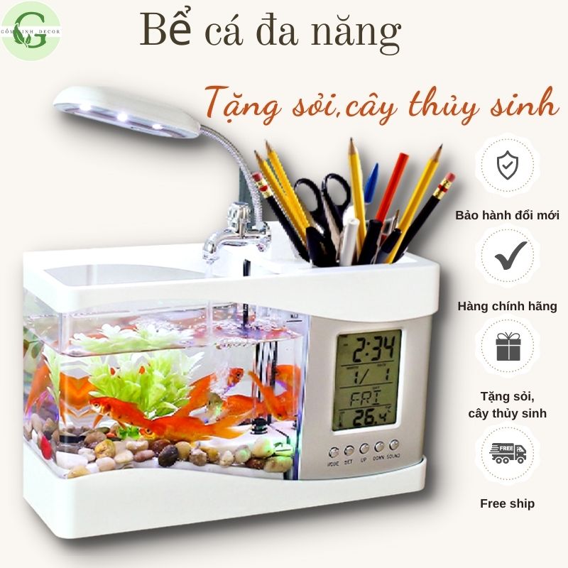 Bể Cá-[Bể cá+Đồng Hồ + Đèn Bàn + Sỏi, Cây Thủy Sinh]-Bể cá mini-Bể cá để bàn-hồ cá