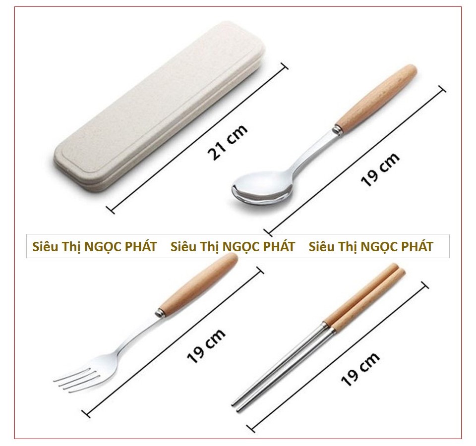 Bộ Đũa, Thìa, Nĩa_Cán Gỗ_Kèm Hộp Đựng Lúa Mạch