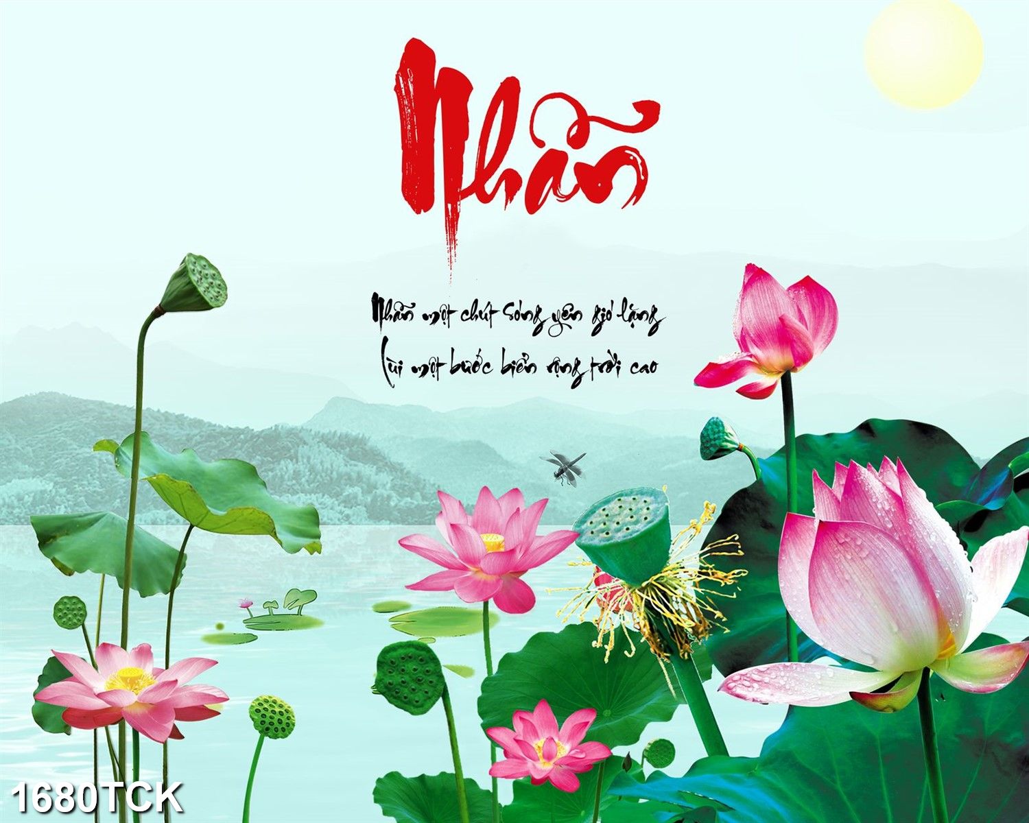 Tranh dán tường 3d thư pháp chữ nhẫn phong cảnh hoa sen 1680tck