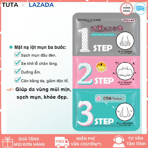 Lột mụn đầu đen cho mũi  (1 SET gồm 3 bước như hình) giúp làm sạch mụn đầu đen, dưỡng ẩm, làm trắng, se khít lỗ chân lông khu vực mũi an toàn, hiệu quả cho da có kèm hướng dẫn đầy đủ