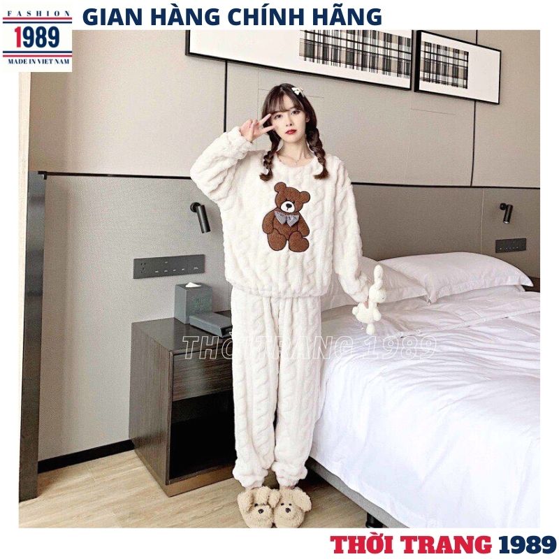 Bộ ngủ lông gấu thêu 2 mặt mượt mà hoạ tiết dễ thương, Set bộ ngủ lông xinh xắn mềm mượt ấm áp mùa đông, set bộ ngủ lông gấu hot hit kute dễ thương đáng yêu -1989