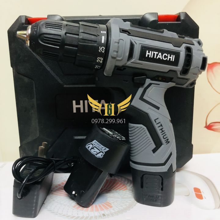 Máy khoan pin hitachi 12v, bắn vít - khoan cầm tay 2 cấp tốc độ, 100% đồng, siêu bền, có đèn