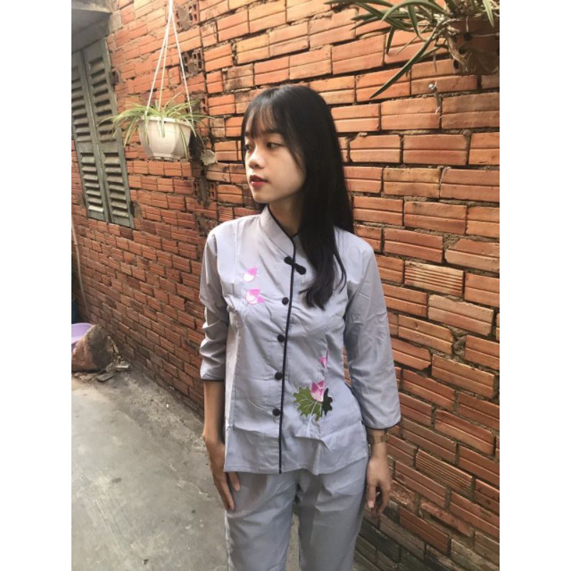 Đồ lam đi chùa  nữ  viền nơ