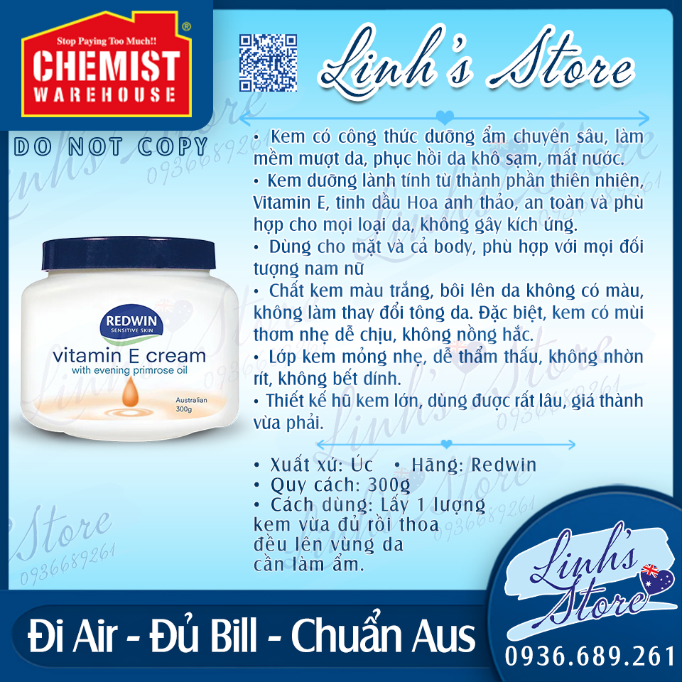 Kem dưỡng Redwin Cream Vitamin E 300g 💙 Chemist Warehouse - Úc