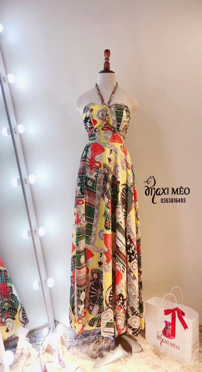 [HCM]Đầm maxi họa tiết thổ cẩm cổ yếm