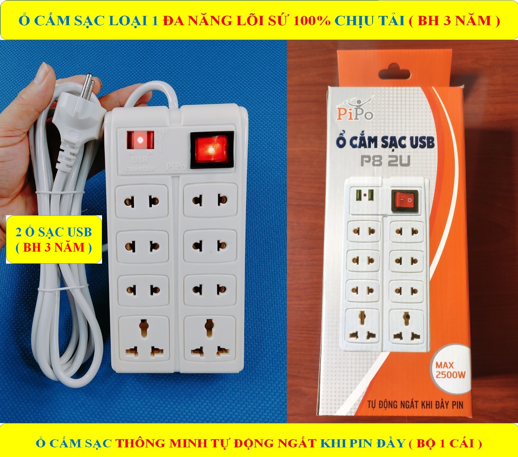 Ổ cắm điện ĐA NĂNG THÔNG MINH 2 Ổ SẠC USB CAO CẤP CHỊU TẢI CAO + (BH 3 NĂM) + TỰ ĐỘNG NGẮT KHI ĐẦY PIN + Dây ĐỒNG 3 mét + Ổ cắm LÕI SỨ chịu tải, chịu nhiệt cao cấp + 1 Công tắc + Đèn LED báo (bộ 1 sản phẩm)