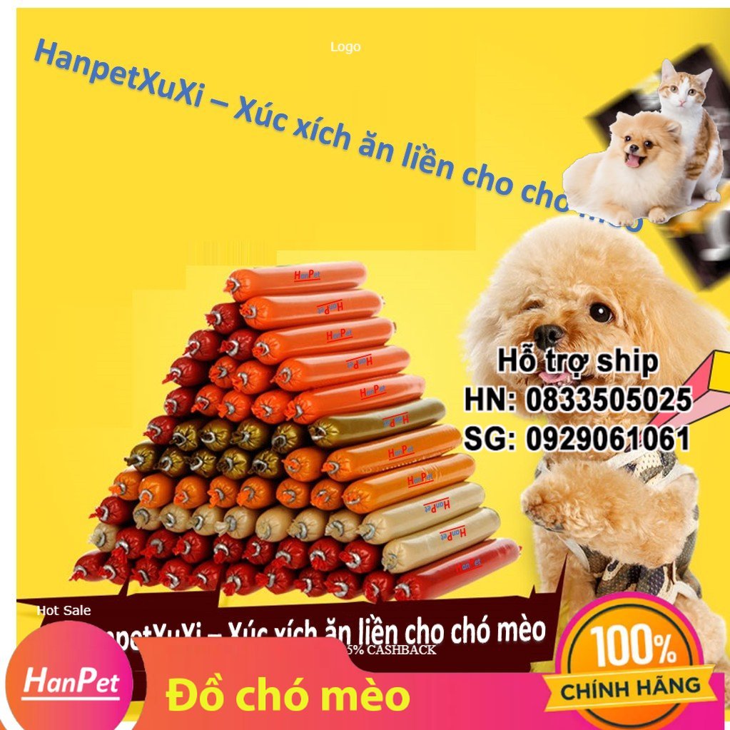 Hanpet - Xuxi- Xúc xích chó mèo có thể ăn liền đồ ăn vặt chó mỗi cây 15gr thức ăn cho chó kiểu bánh thưởng có thể hấp chín hoặc chiên dầu