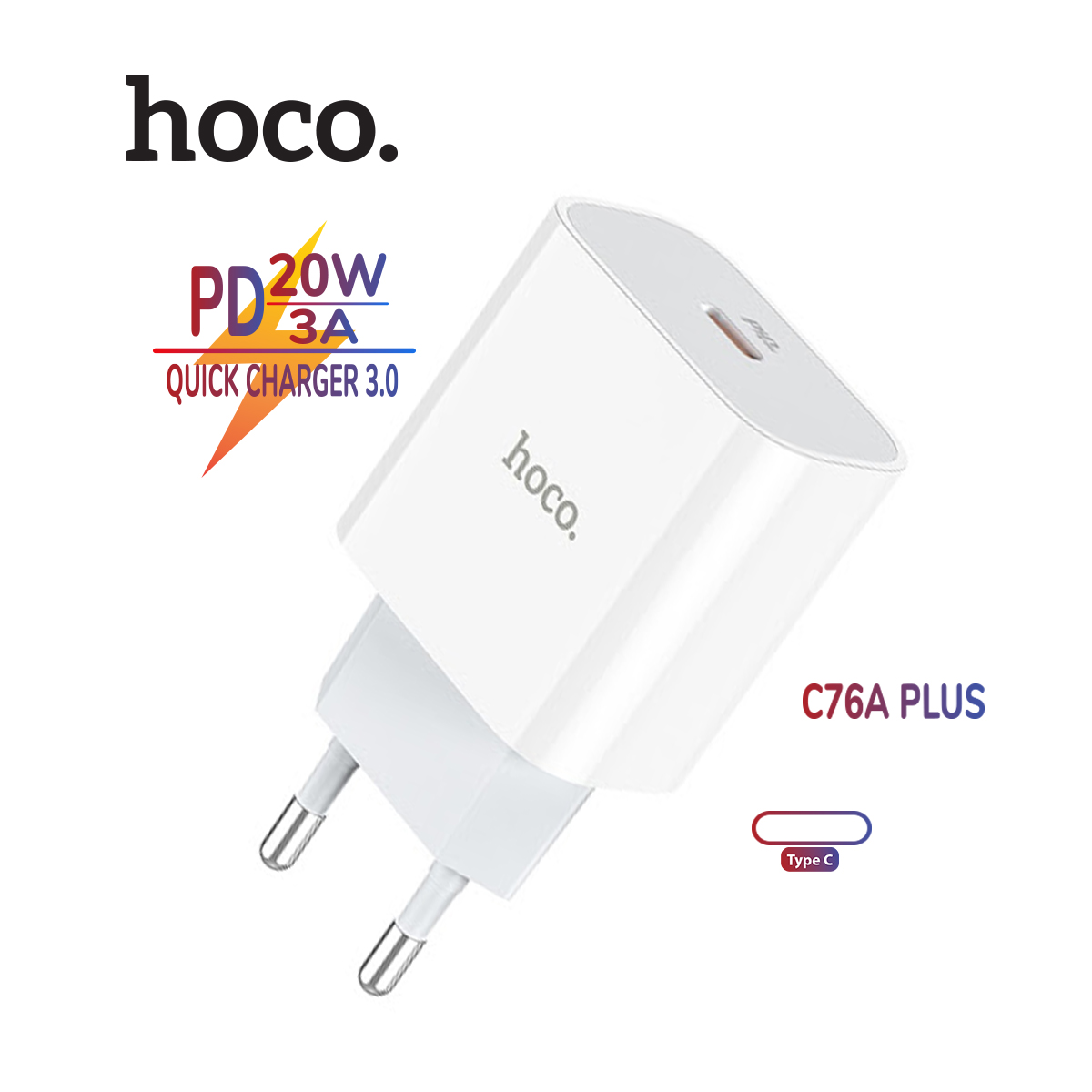 Củ sạc nhanh Hoco C76 Plus/C76A Plus 1 cổng ra Type-C hỗ trợ sạc nhanh 3A, PD 20W, tương thích với nhiều thiết bị công nghệ, chân cắm US/EU