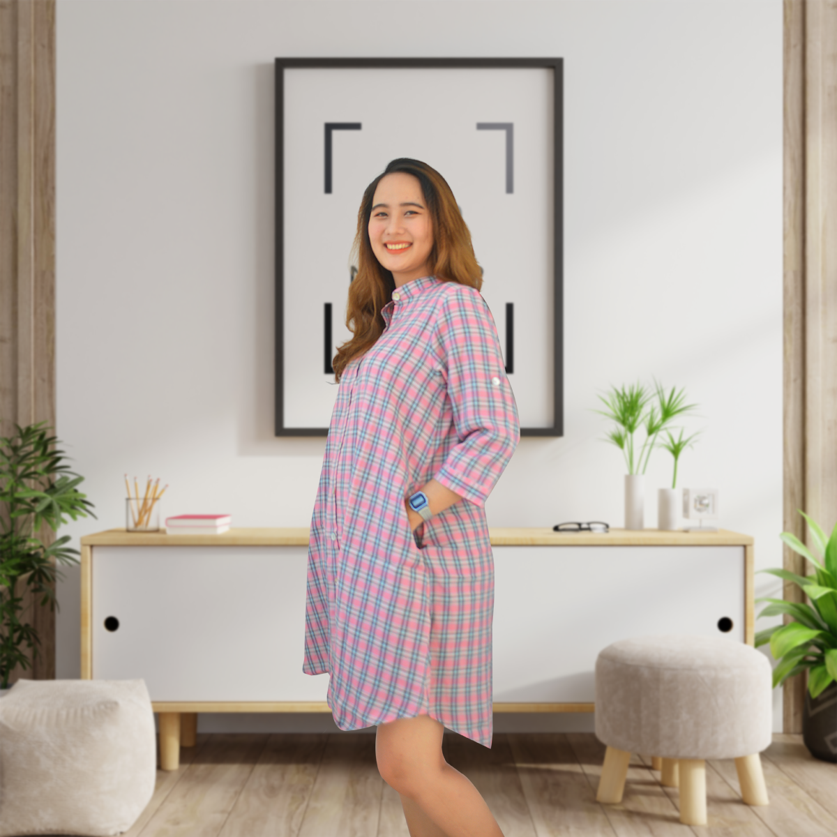 Đầm bầu caro sọc Emum