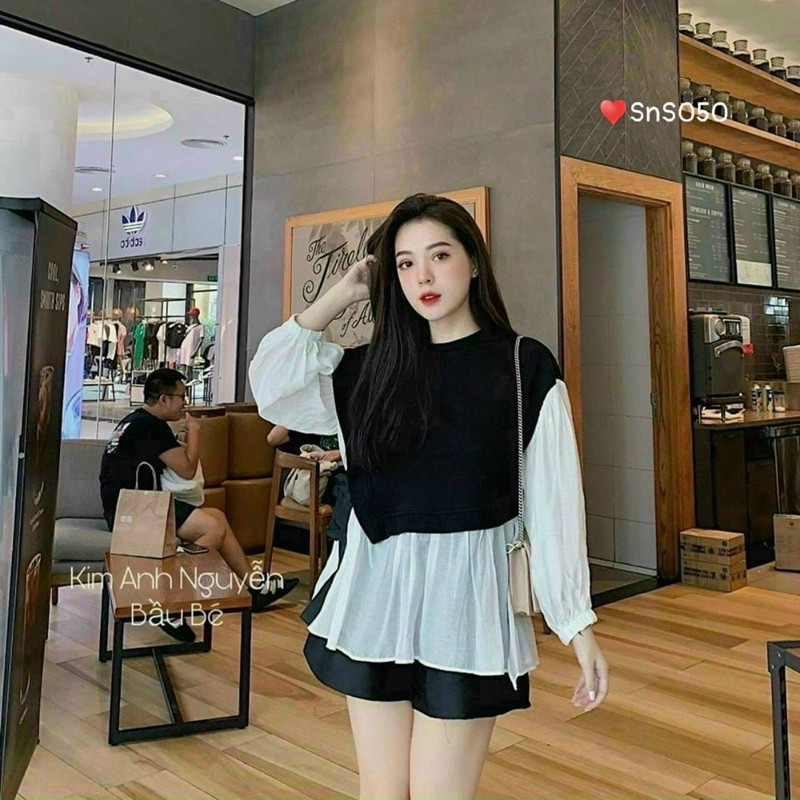 Áo kiểu baby doll gân phối voan