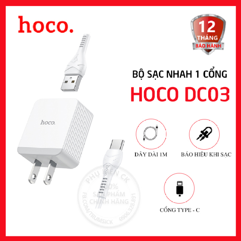 Bộ sạc nhanh Hoco DC03 Max 1 cổng USB 2.1A có đèn Led kèm cáp Type-C