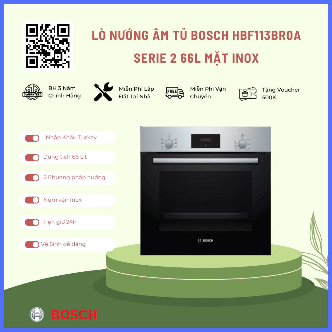 Lò nướng âm tủ bosch hbf113br0a serie 2 66l mặt inox - nhập khẩu châu âu