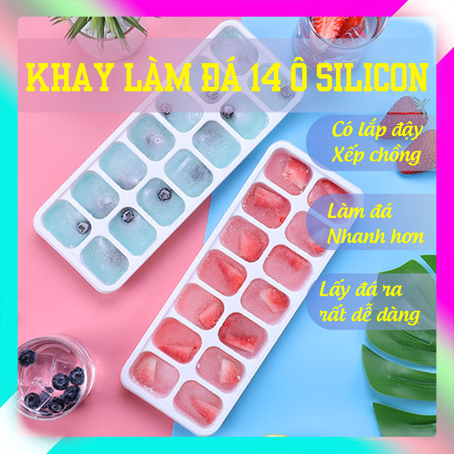 Khay Làm Đá Khay Đá Silicon 14 Ô, Làm Đá Siêu Nhanh