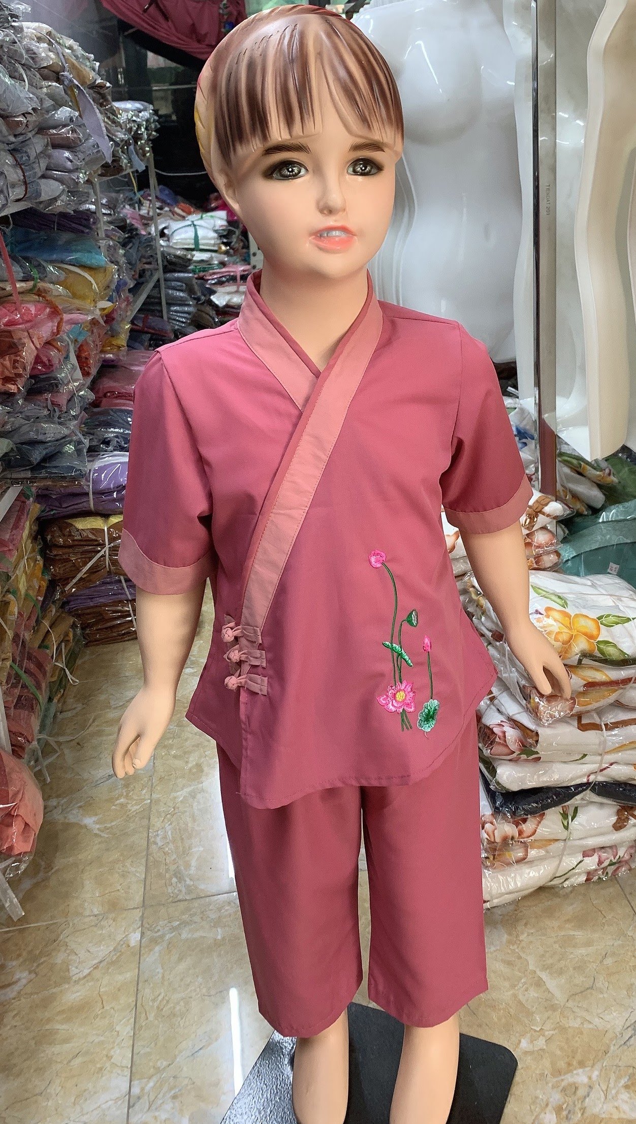Đồ lam đi chùa bé gái mẫu 3 nút