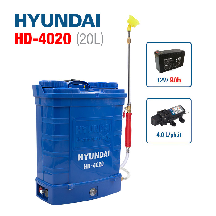 Bình xịt thuốc trừ sâu hyundai hd-4020 | bình xịt điện 20 lít | 80psi - 4 lít/phút | 12v - 9ah