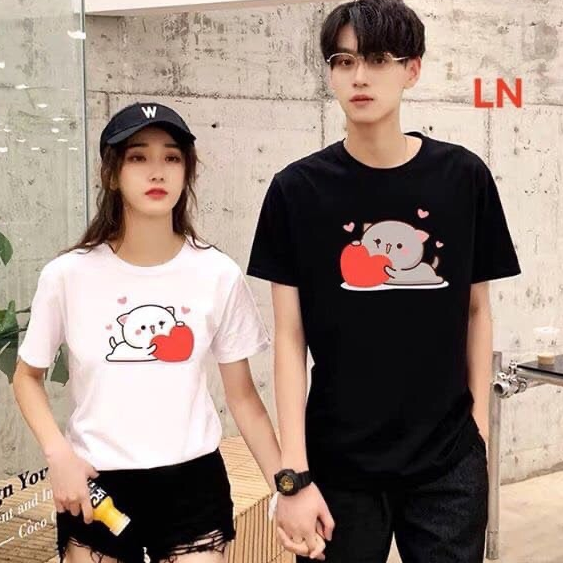 Áo đôi( giá 2 áo) mèo ôm tim áo đôi nam nữ, áo cặp nam nữ