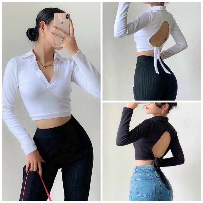Áo croptop cổ polo tay dài cột dây