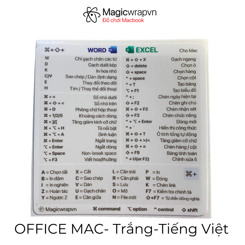 Miếng dán phím tắt OFFICE WORD EXCEL cho MACBOOK, MACOS | Magicwrapvn