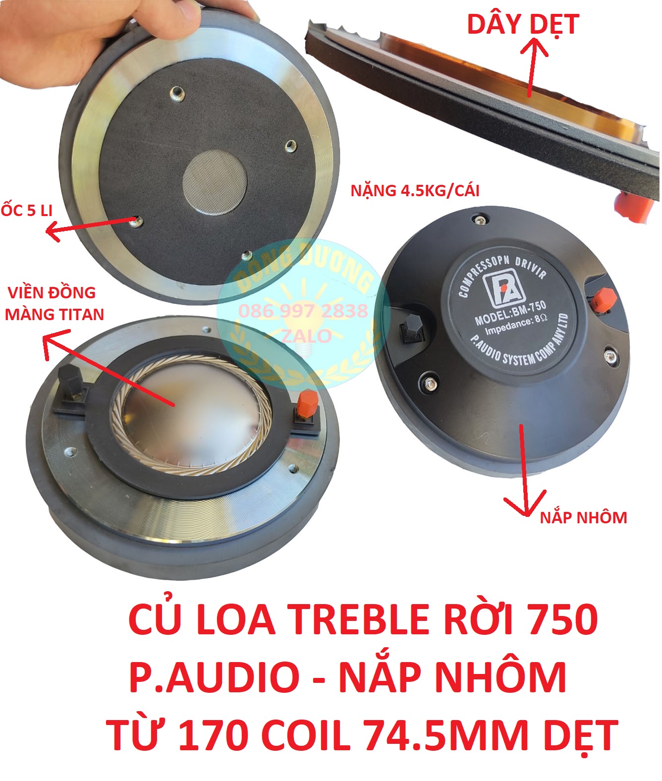 TREBLE KÈN 750 PAUDIO NẮP NHÔM CÔN DẸT 74.5MM - GIÁ HAI LOA