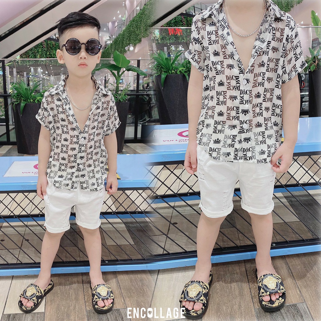 Áo sơ mi lụa tơ tằm cộc tay cho bé trai mặc hè mát mẻ