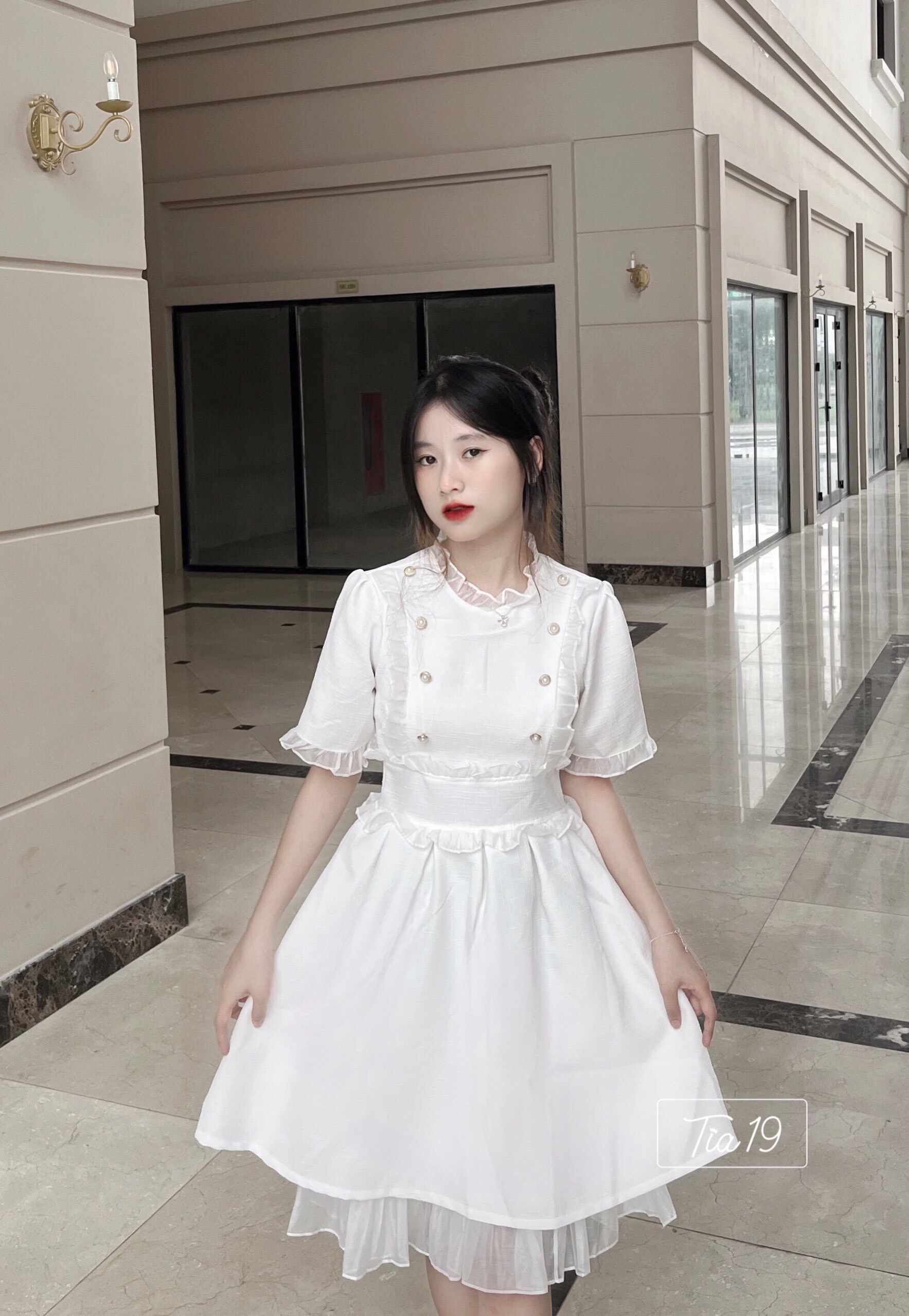 Váy dạ khuy pha voan Tia19. Đầm dạ cộc tay