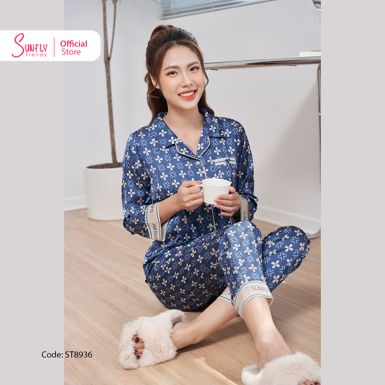 [VOUCHER ĐỘC QUYỀN 15.1 - GIẢM 15% TỐI ĐA 100K]Bộ Đồ Mặc Nhà Nữ Pyjamas Lụa SUNFLY Áo Dài Quần Dài ST8936