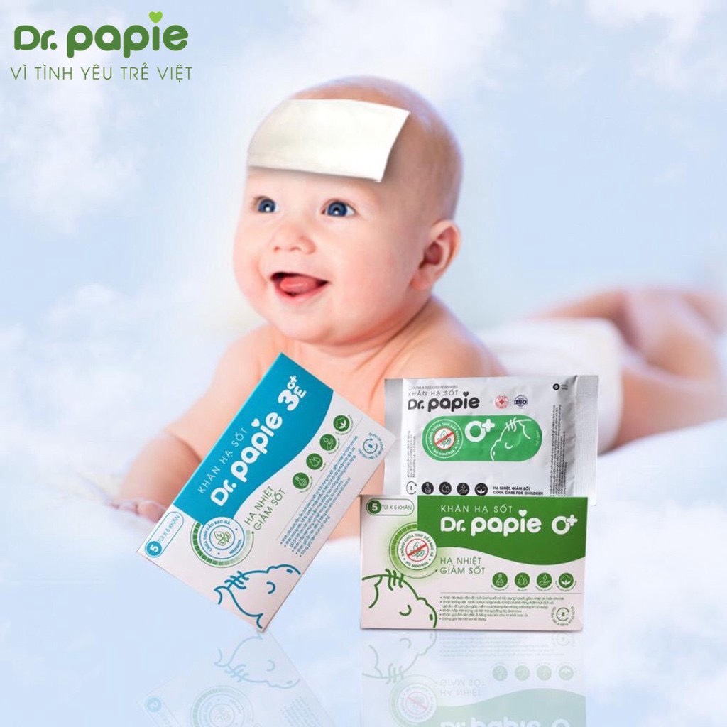 Hộp 5 gói khăn lau Dr Papie, khăn chườm hạ sốt cho bé 0+ 3+