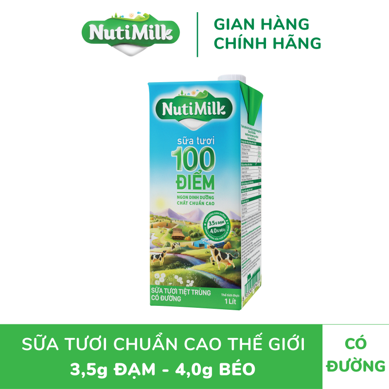 NutiMilk Sữa tươi 100 điểm - Sữa tươi tiệt trùng có đường Hộp 1 Lít STCD01