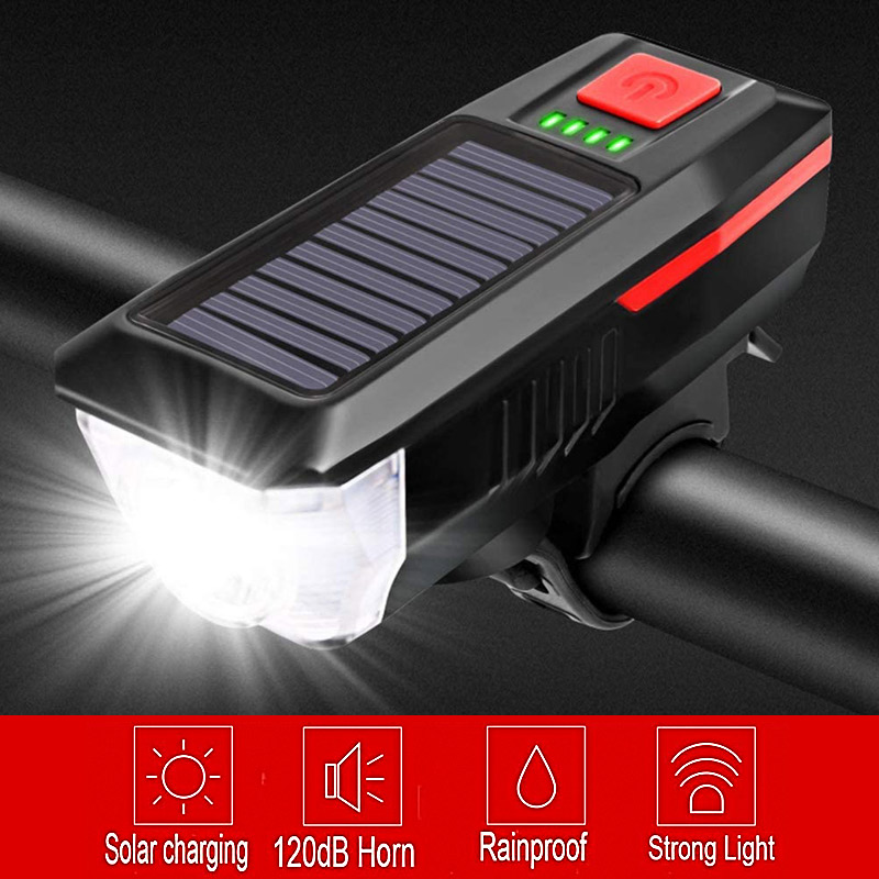 Front LED Mountain Bike Light 3 Modes Solar Charging Waterproof USB Rechargeable