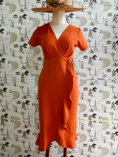 (8 màu- 4 size) váy suông dự tiệc đuôi cá đắp chéo phối bèo