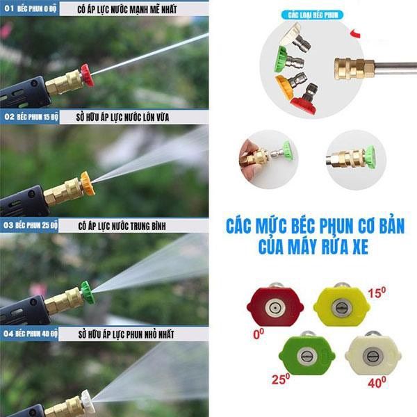 Bộ 4 Béc phun kèm khớp nối nhanh - Đầu béc gắn súng xịt rửa của máy rửa xe áp lực cao - Ren nối nhanh 1/4 inch