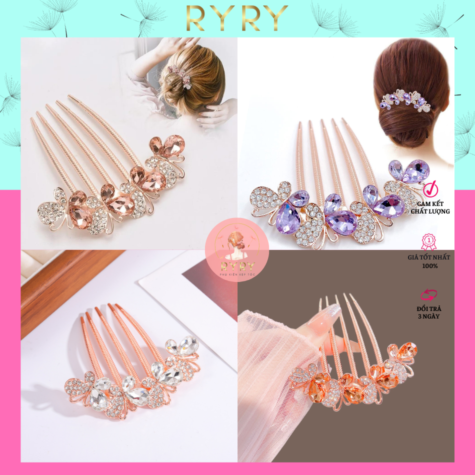 Lược Cài Tóc Đính Đá Hình Bướm Xinh Xắn