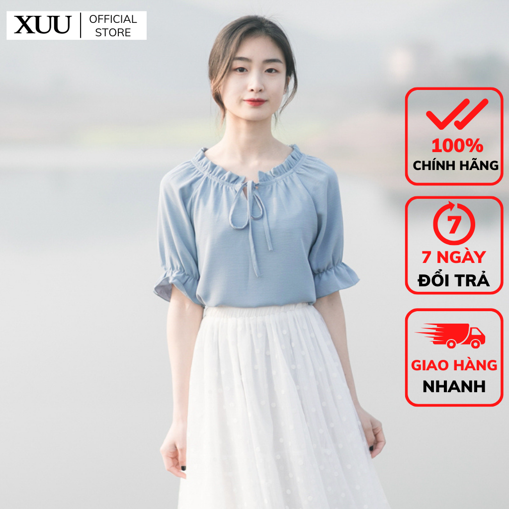 Áo sơ mi nữ cổ bèo thắt nơ tay lỡ chất vải lụa đẹp SP10