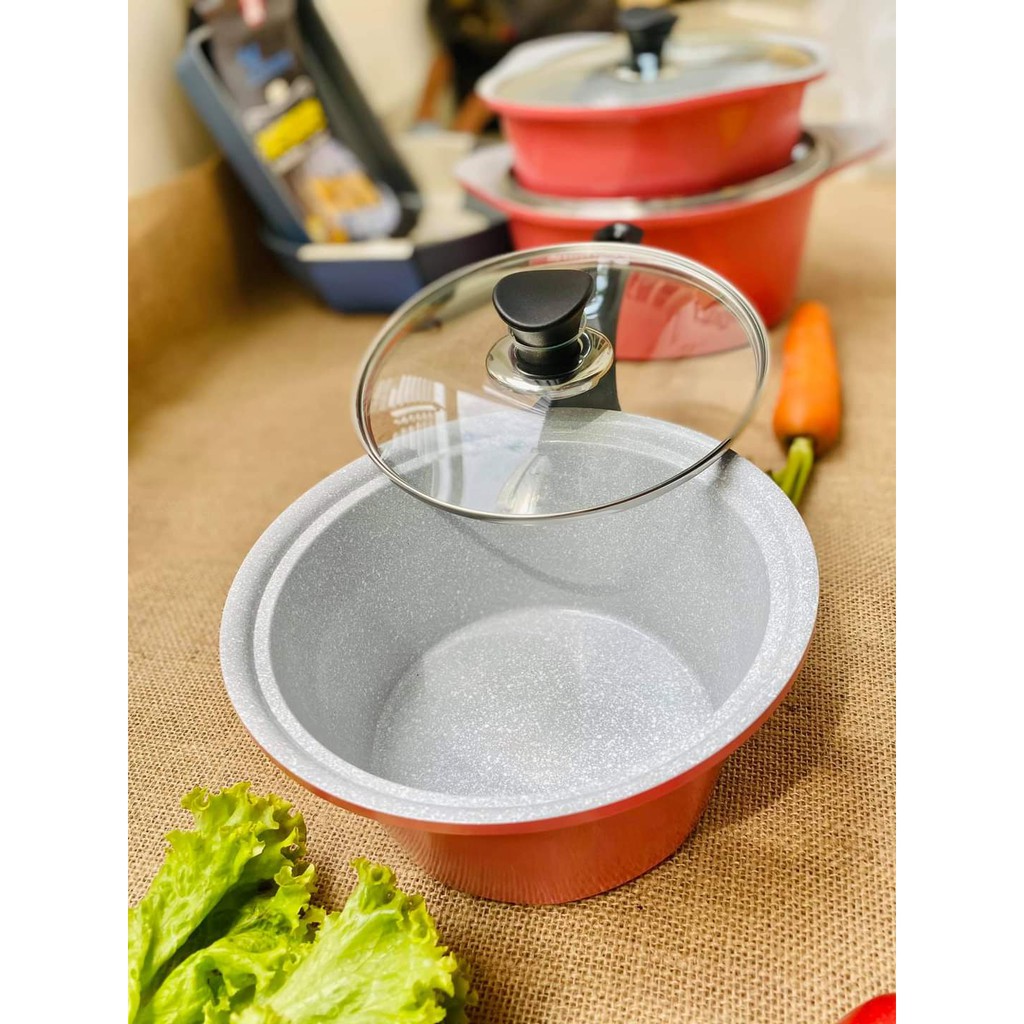 Quánh nấu cháo bột Ecoramic đúc ceramic vân đá chống dính đáy từ 18cm ( màu xanh / màu hồng )