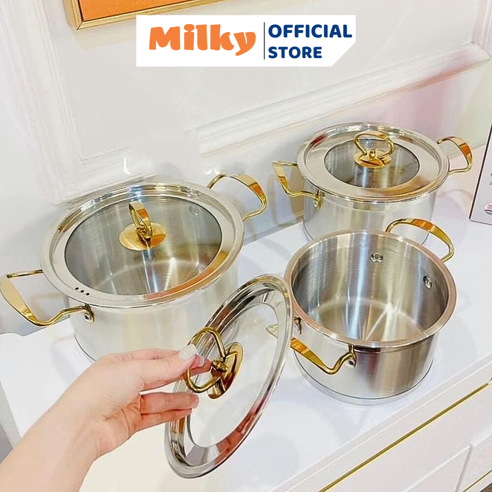 Bộ nồi 3 món inox 304 đáy 3 lớp chống dính tay cầm cách nhiệt, Bộ 3 nồi đa năng cao cấp nắp thủy tinh dùng mọi loại bếp
