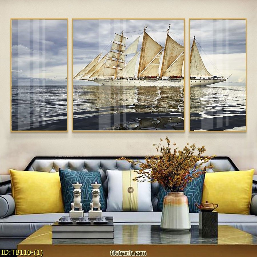 Lalashop - Tranh tráng gương 3D phòng khách cỡ đại có khung tranh thuận buồm xuôi gió phong thủy sang trọng