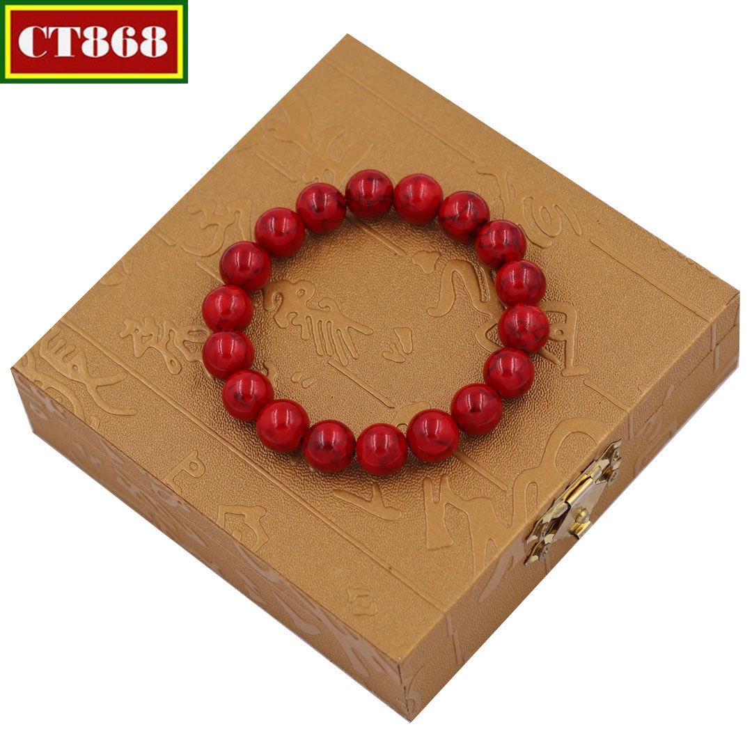 Vòng tay chuỗi hạt san hô đỏ sọc 10 ly 18 hạt hộp gỗ