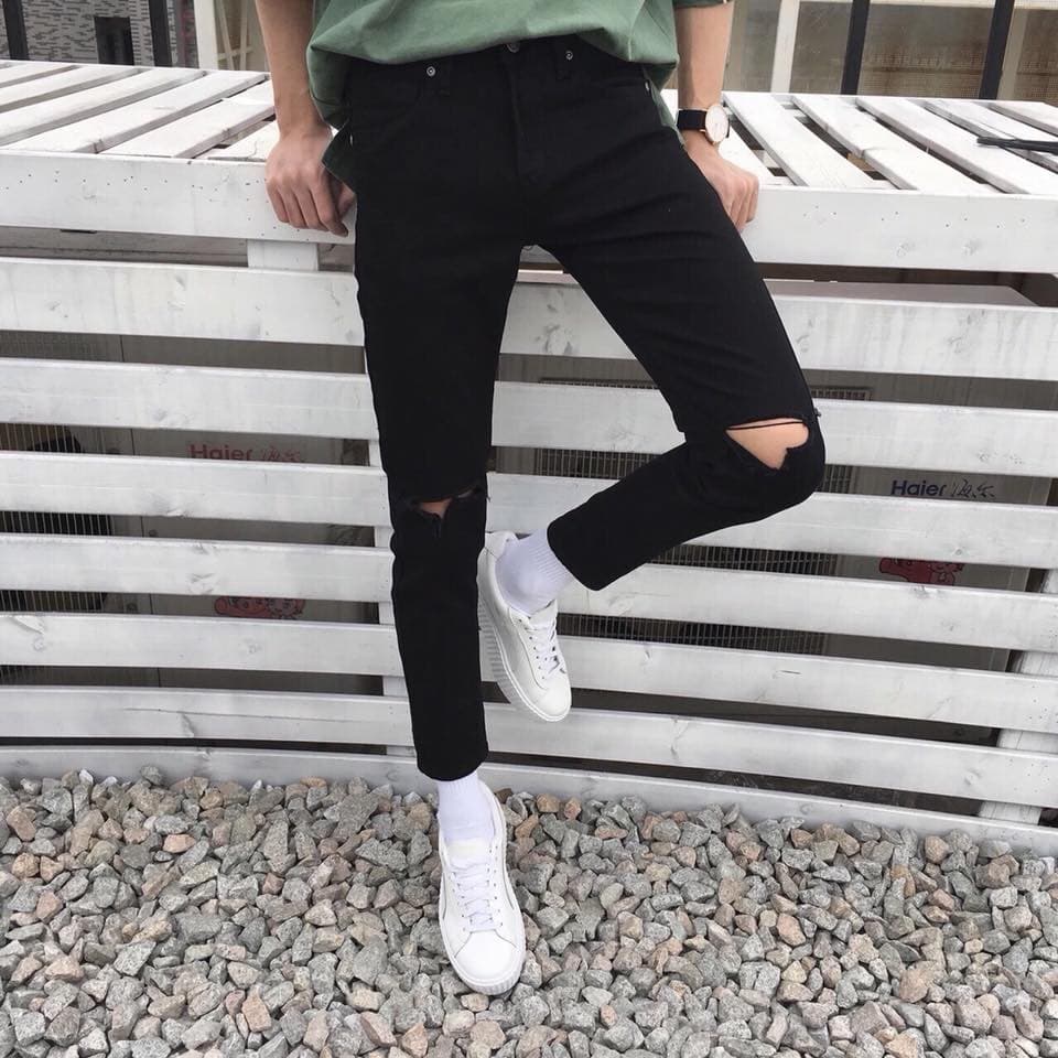 Quần jean nam đen trơn form chất cực đẹp - body (rách gối)