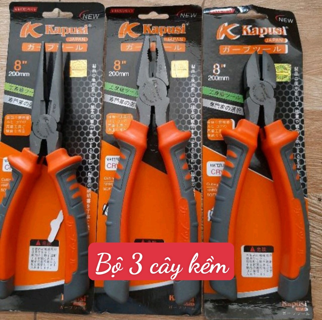 Bộ 3 Kìm Điện, Cắt, Mỏ Nhọn 8 inch KAPUSI có thể mua lẻ từng cây hoặc mua bộ 3 cây