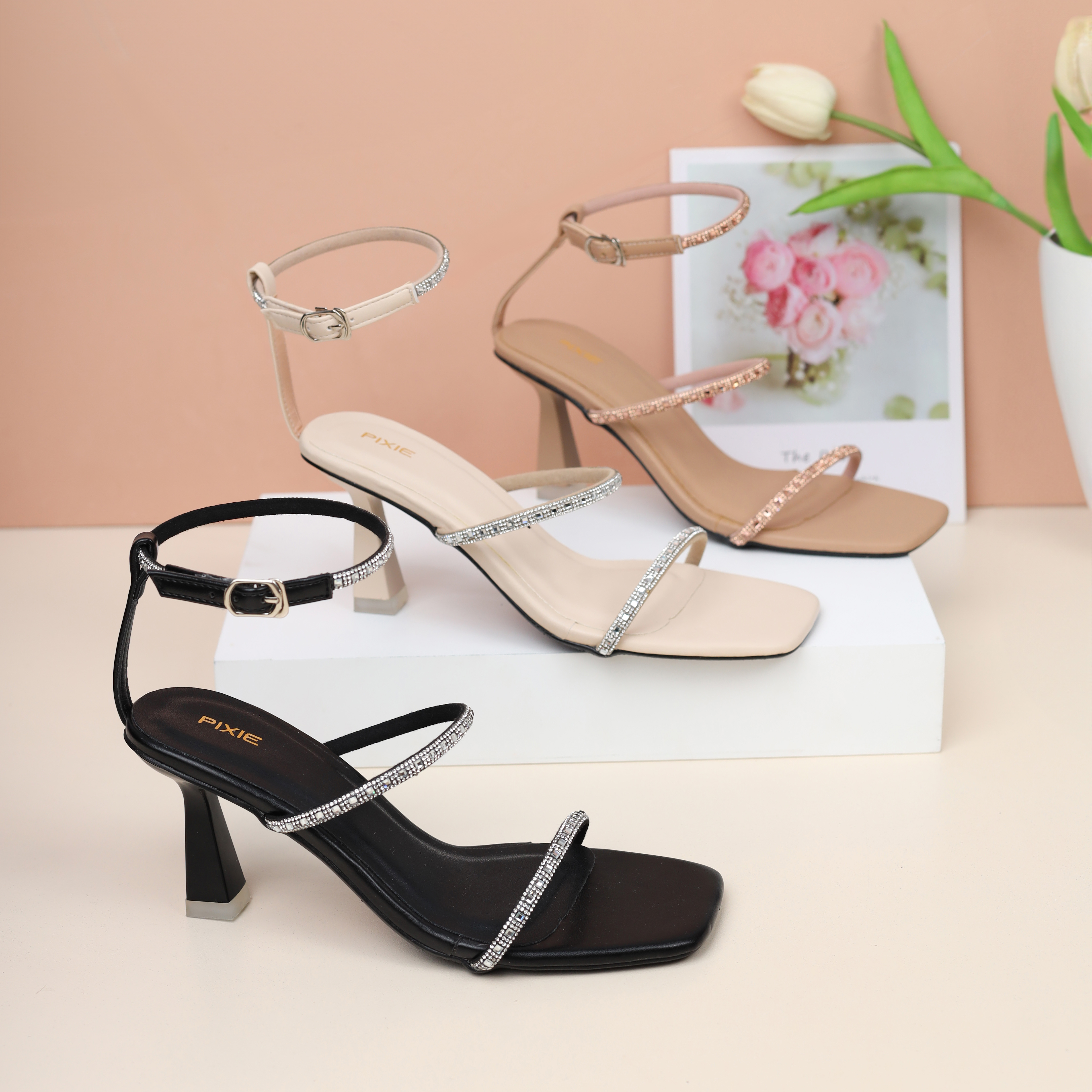 Giày Sandal Kiểu Cao Gót 8cm Hai Quai Đính Đá Pixie H291