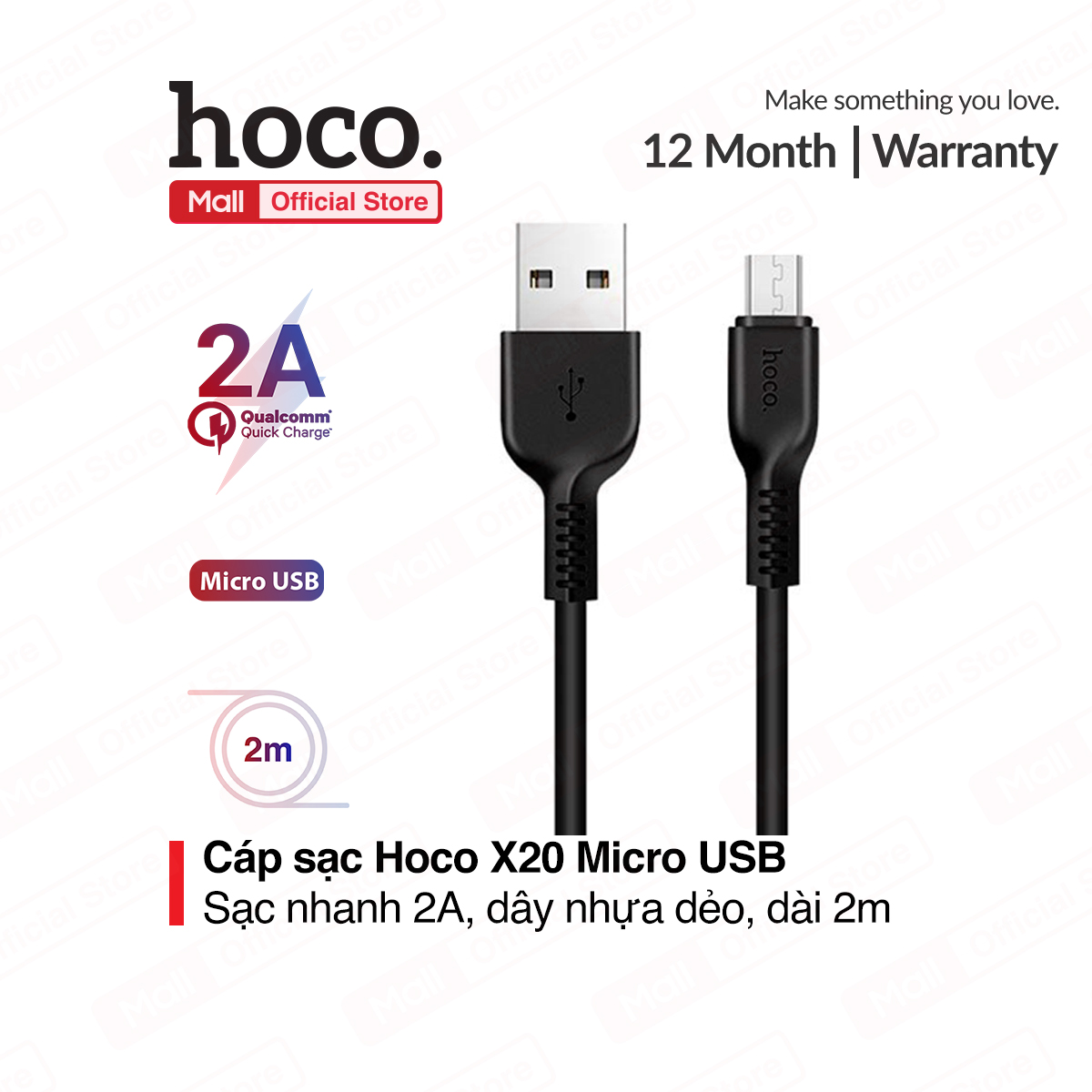 Cáp sạc nhanh và truyền dữ liệu Micro USB Hoco X20 sạc nhanh 2A MAX chất liệu TPE siêu bền dành cho điện thoại android tương thích với nhiều thiết bị dài 200cm
