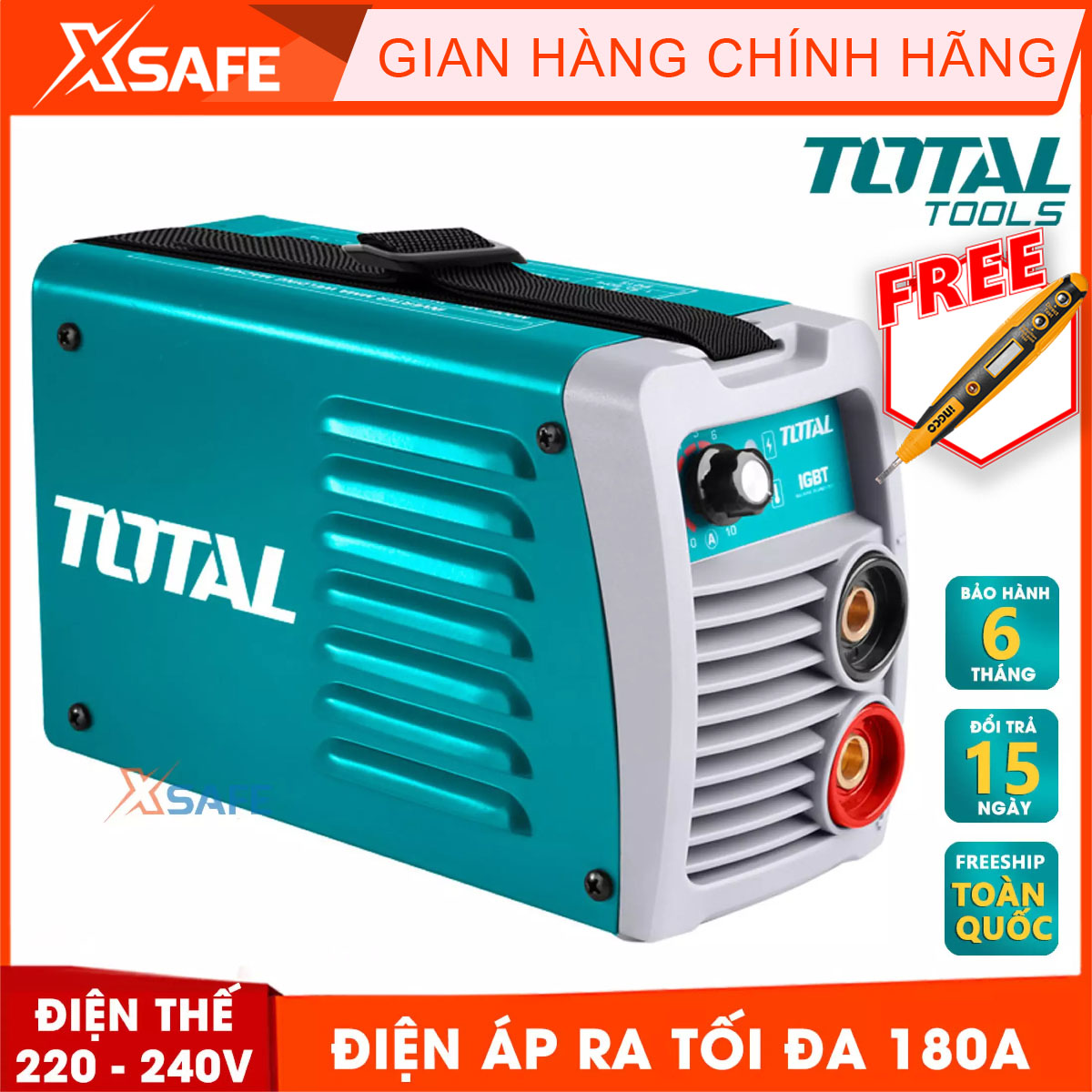 Electronic welding machine 180A TOTAL TW21806 bundled 1 included South 1 included Max 1 broom and 1 welding mask;. Welding machine Total have voltage output maximum 180A, voltage no-load 85V, genuine warranty 6 months-product genuine XSAFE