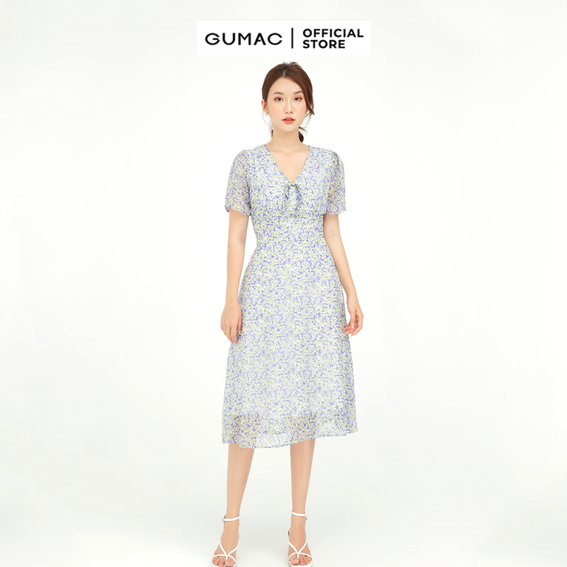 Nơi bán Đầm nữ cổ V nơ tím GUMAC mẫu mới DB595 Chất Liệu Voan form A xòe style dịu dàng
