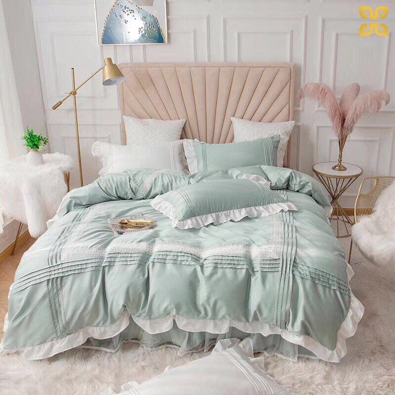 Set chăn ga gối cotton lụa bèo ren phong cách công chúa hàn quốc , hàng nhập khẩu full set 4 món