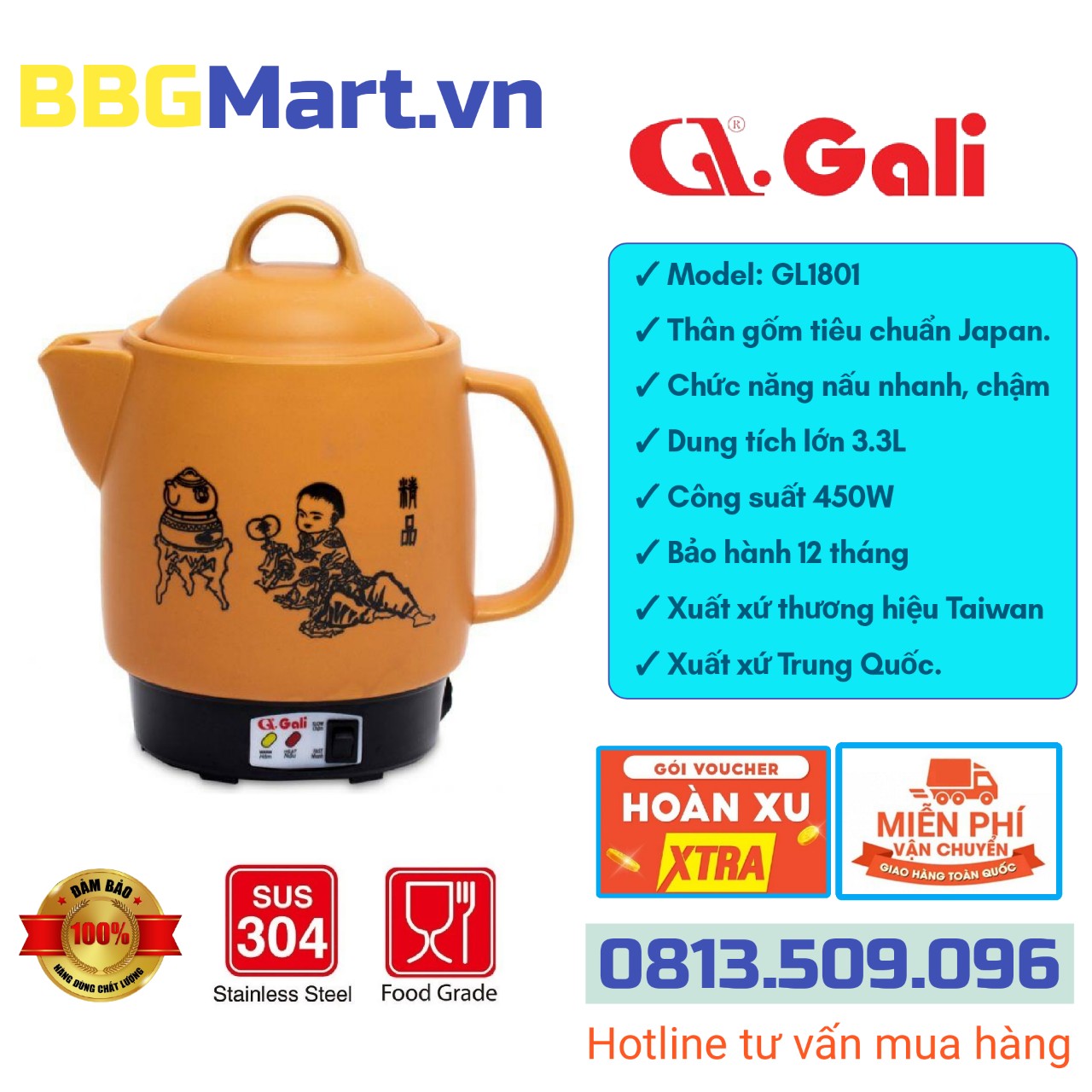 Ấm siêu sắc thuốc gali gl-1801 3.3 lít