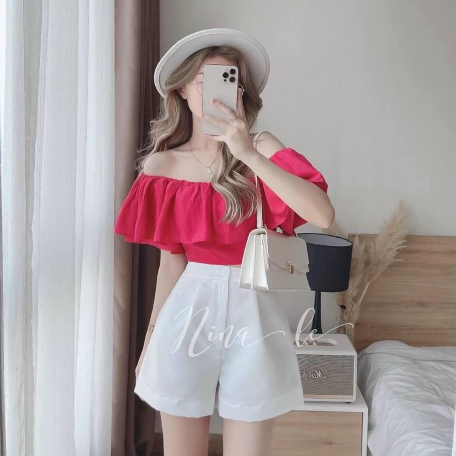 Set bộ tiểu thư nữ mặc đi biển, đi chơi, set bộ quần đùi, set bộ áo trễ vai, quần short nữ, quần ngắn nữ, áo croptop màu hồng hottrend