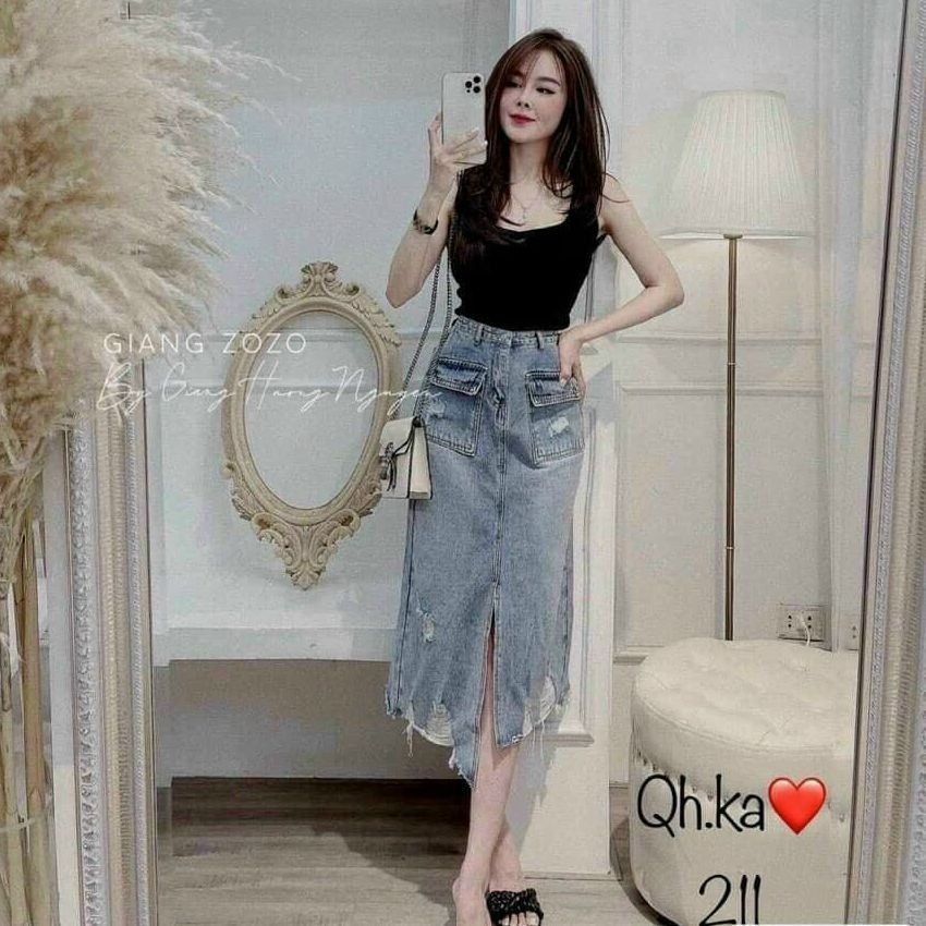 CHÂN VÁY JEAN NỮ CHỮ A - CV_5032, CHÂN VÁY BÒ XẺ TÀ RÁCH KÈM TÚI HỘP, PHONG CÁCH CÁ TÍNH NĂNG ĐỘNG - THƠI TRANG CAO CẤP BAOANH FASHION