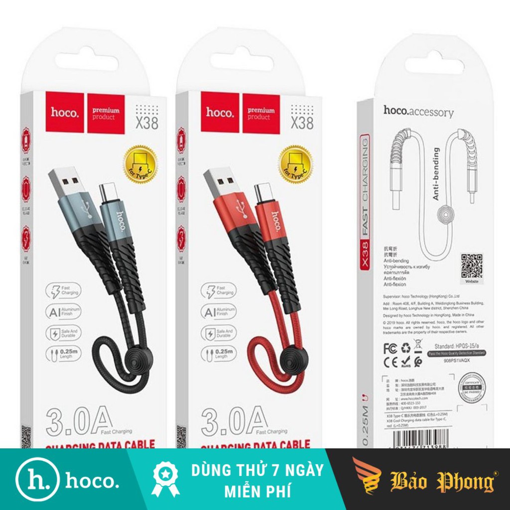 Cáp sạc HOCO X38 USB to Lightning / Micro / TypeC dài 25cm chất liệu dây dù