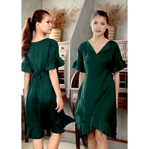 Đầm lụa tay loe cổ V  có dây cột eo Infashion